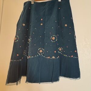 Persaman New York Teal Skirt with Floral Embroidery
